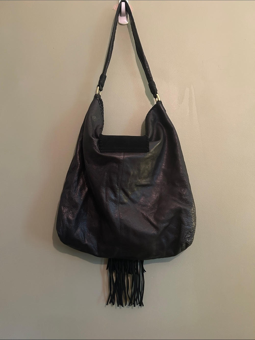 Margot Black Leather Fringe Hobo Bag. - Picture 4 of 11